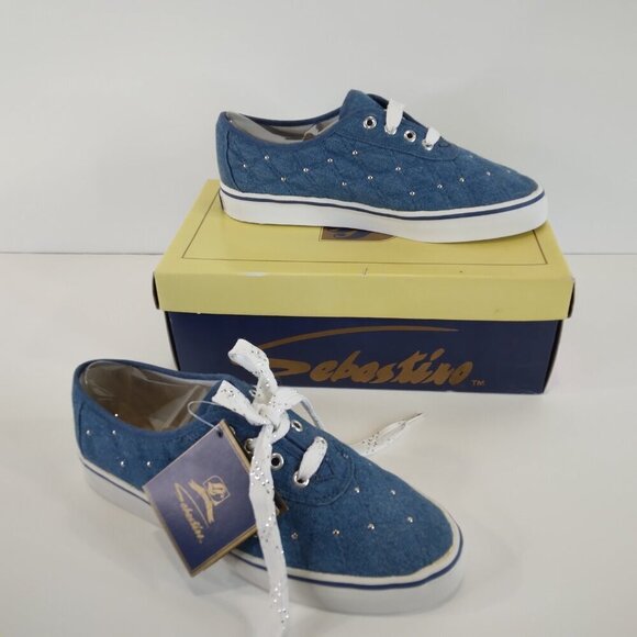 NWT Sebastino Quilted Studded Denim Blue Sneakers Size 7.5 - Picture 2 of 15